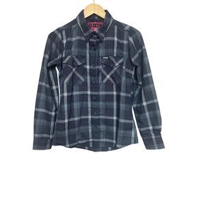 Dixxon Shirt Women’s Gray Blue The Paulson Plaid Button Up Flannel Pockets
